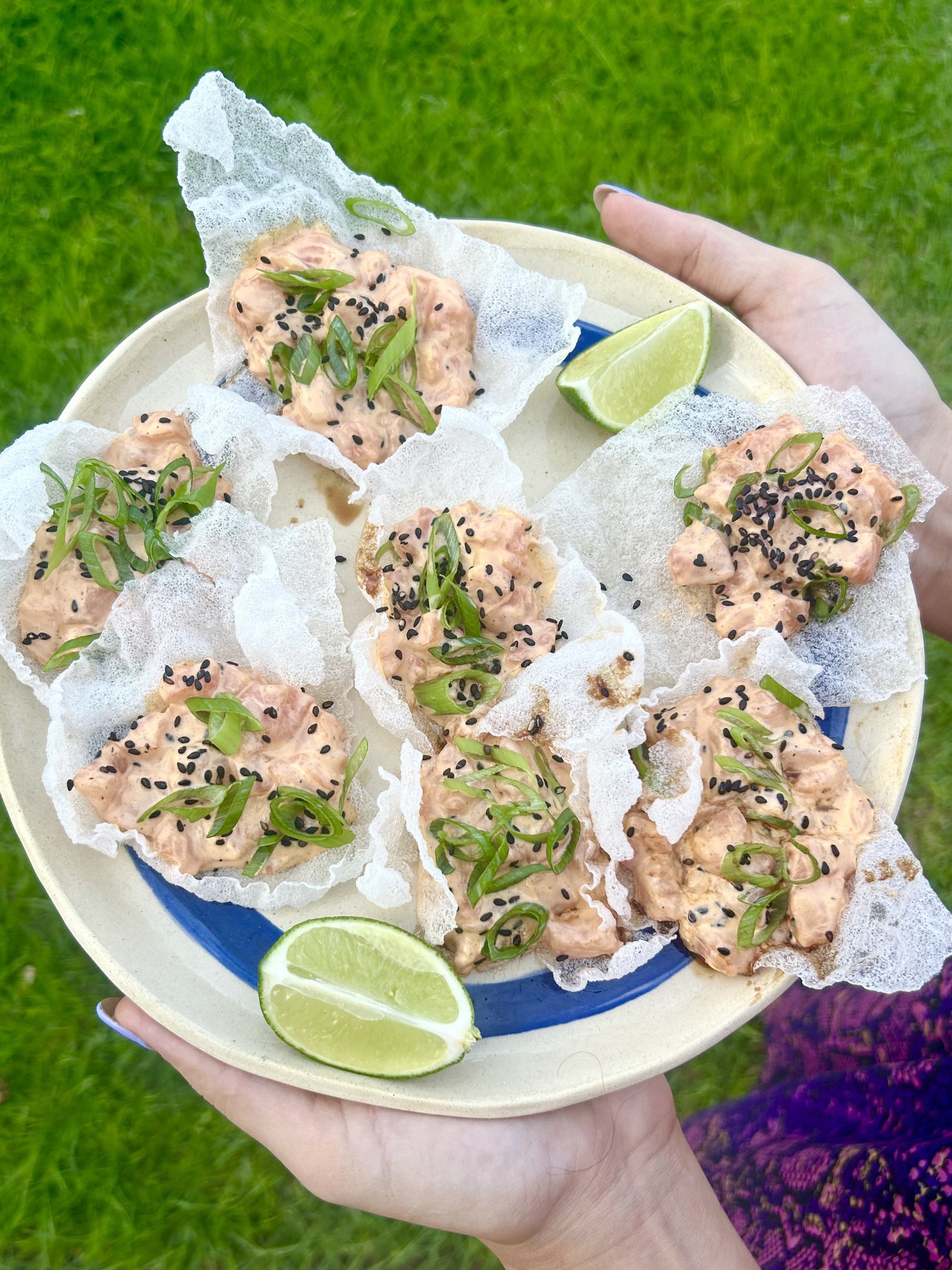 Marinated salmon on rice paper chips