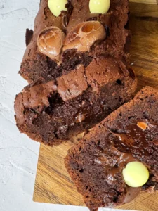 Fudgy chocolate cake with leftover easter eggs