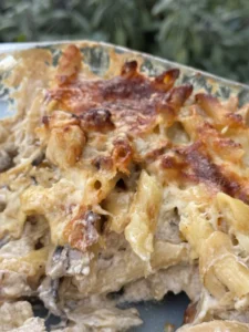 Baked penne with caramelized onions, mushrooms & chicken