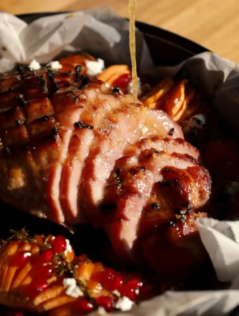 Gammon with pineapple and accordion sweet potatoes