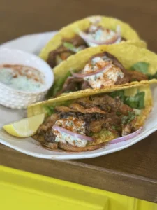 Mushroom gyros tacos with dairy-free tzatziki