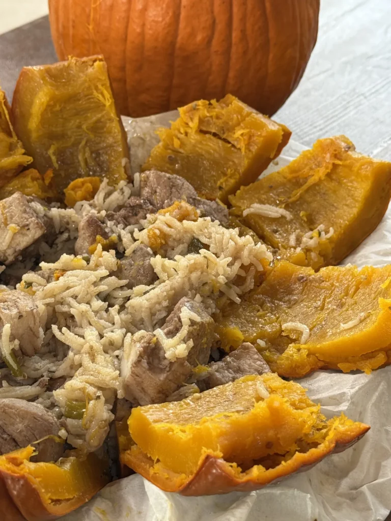 Stuffed pumpkin with pork and rice