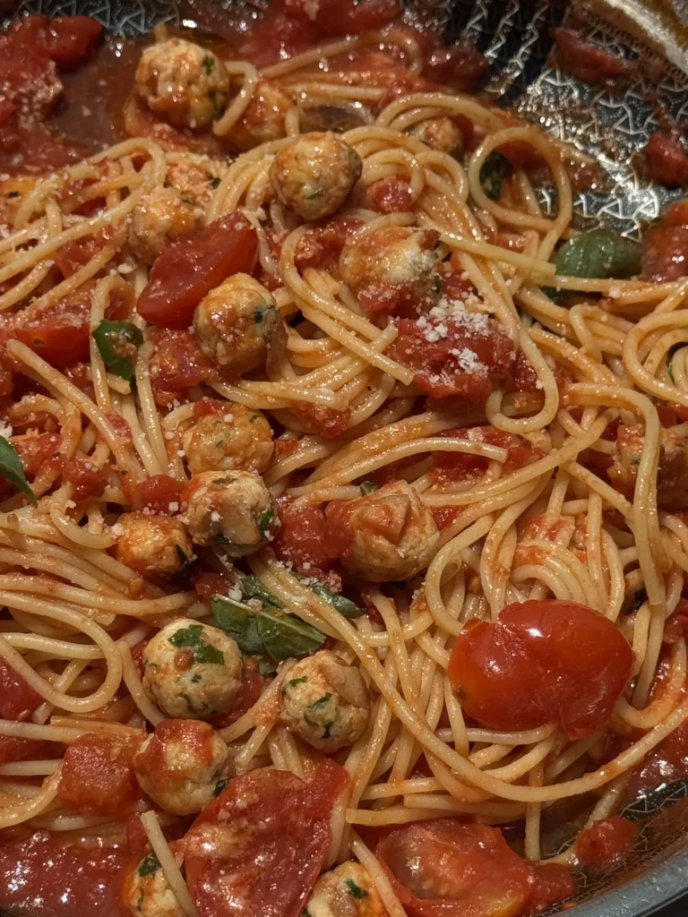 Spaghetti with Mini Chicken and Sausage Meatballs in Tomato Sauce