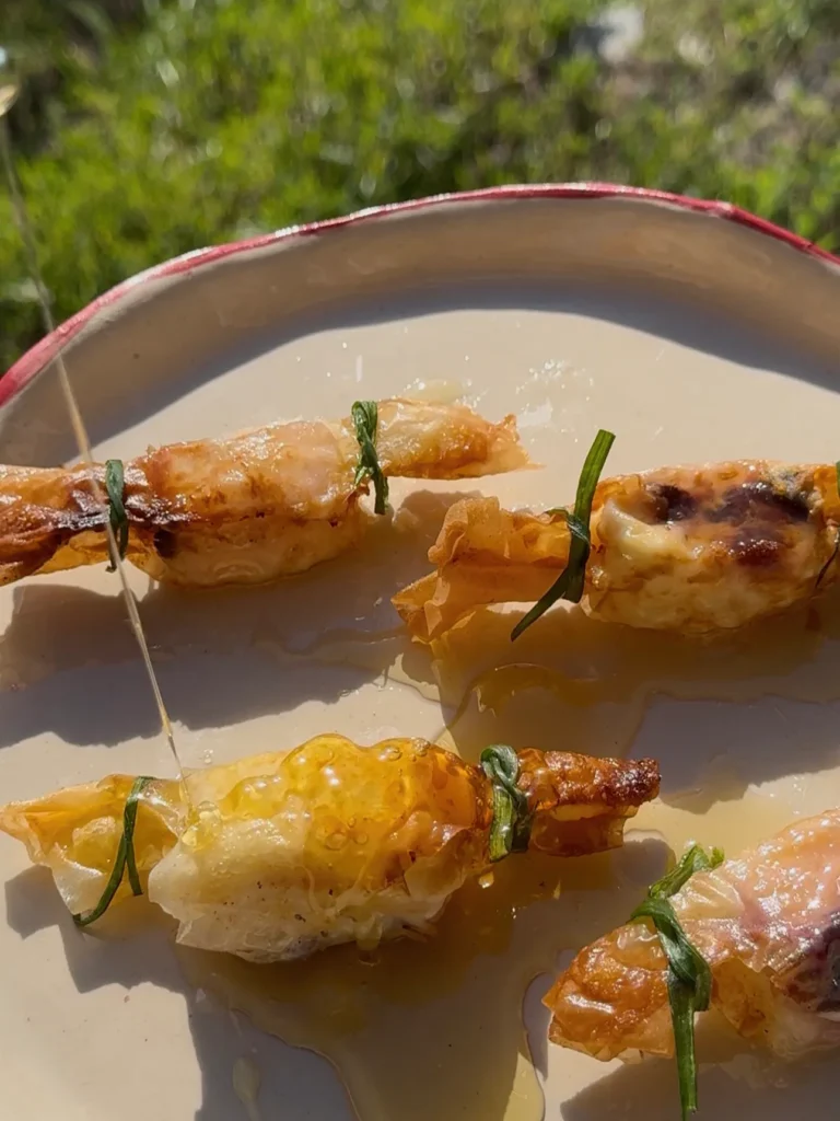 Baked feta parcels with sour cherry spoon sweet