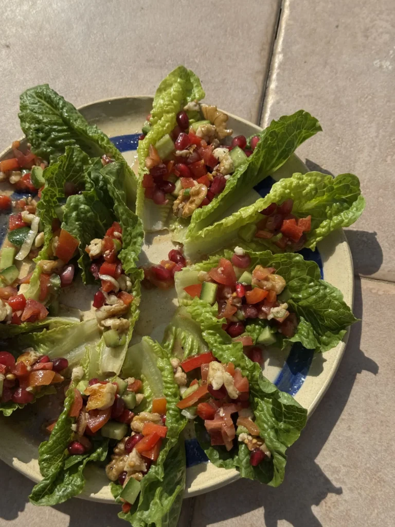 Lettuce boat salad with halloumi and pomegranate